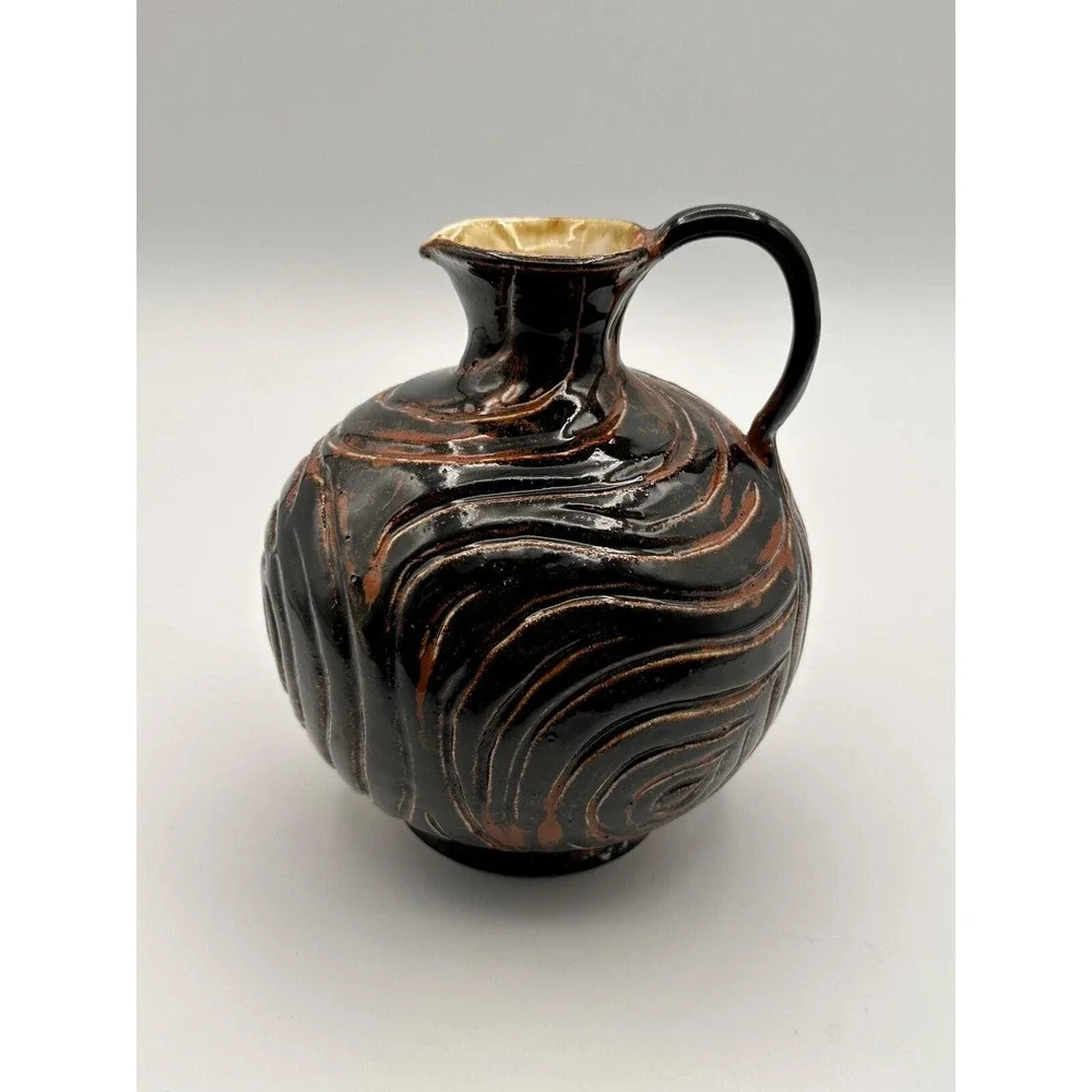Handcrafted Studio Pottery Jug - Signed AEY Rustic MCM Swirl Glaze Pitcher